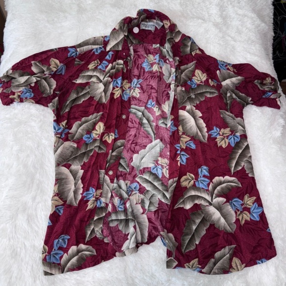 Windham Pointe Mens Floral Hawaiian Shirt Burgundy Rayon‎ Large Aloha